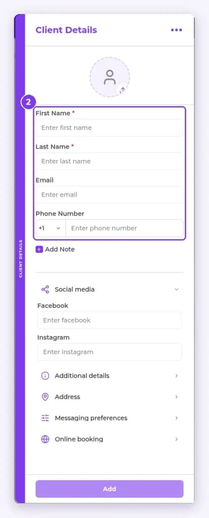 Client Details panel for a new contact with First Name, Last Name, Email and Phone Number highlighted