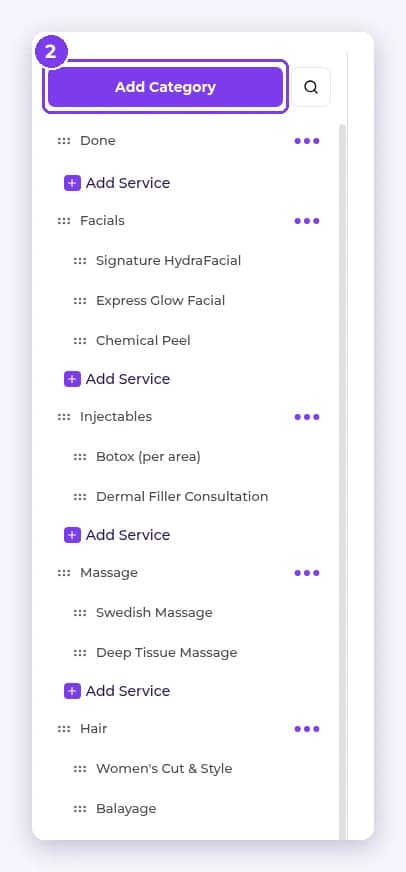 Services sidebar with the Add Category button highlighted above the category list