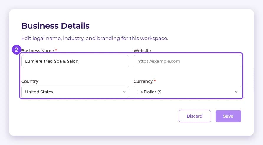 Business Details form in edit mode with Business Name, Website, Country and Currency fields highlighted