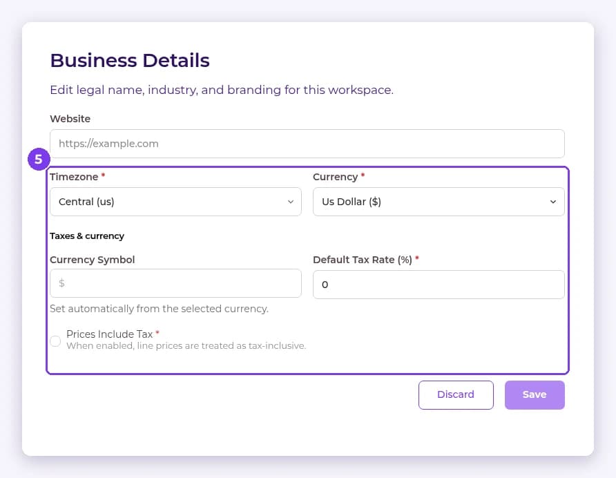 Regional & tax settings in edit mode with Timezone, Currency, Currency Symbol, Default Tax Rate and Prices Include Tax highlighted