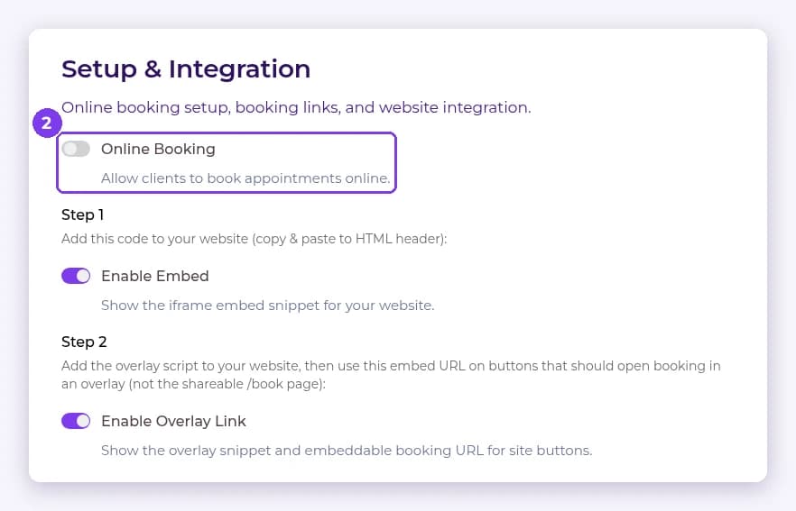 Setup & Integration page with the Online Booking toggle highlighted