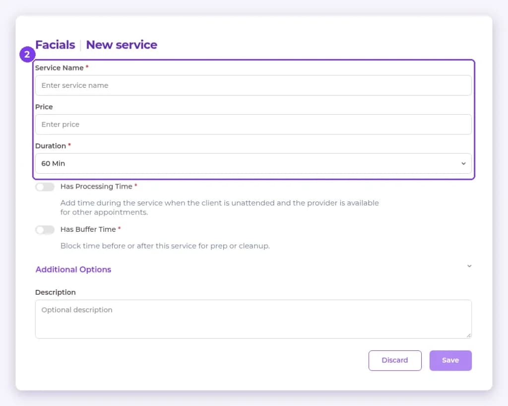 New service panel with the Service Name, Price and Duration fields highlighted