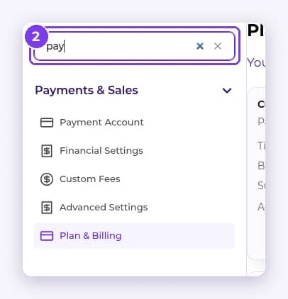 Search settings box with results grouped under Payments & Sales