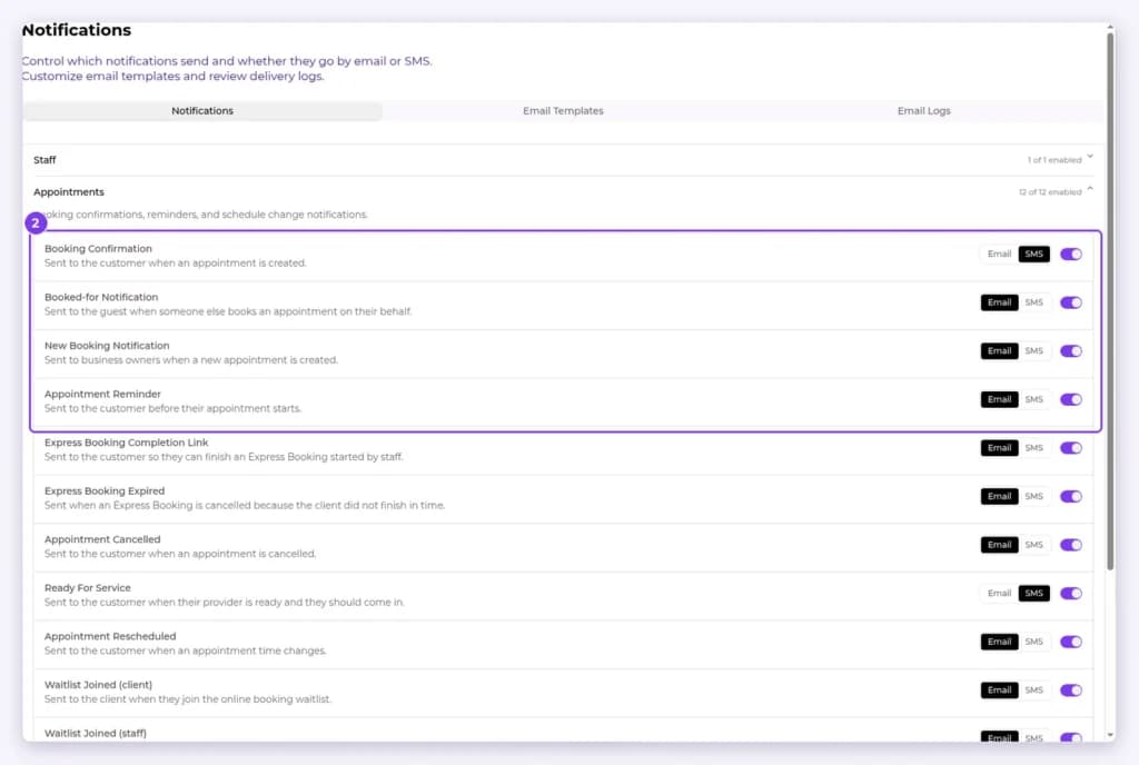 Notifications tab with Appointments notifications expanded, showing Email and SMS buttons and on/off switches