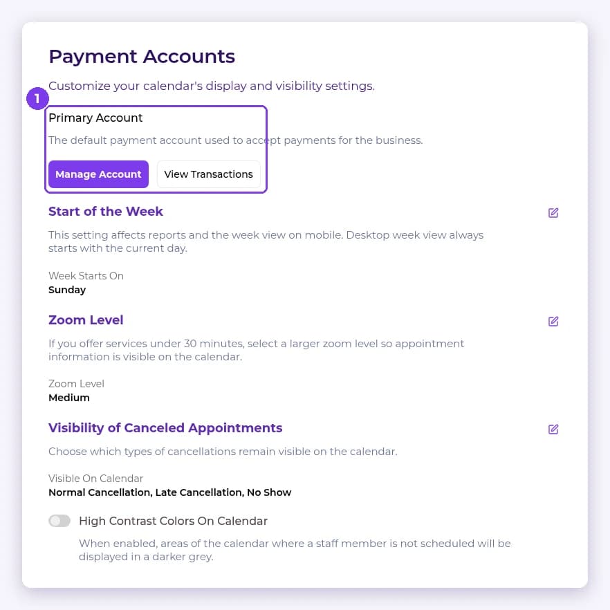 Payment Accounts page with the Primary Account and its Manage Account and View Transactions buttons highlighted