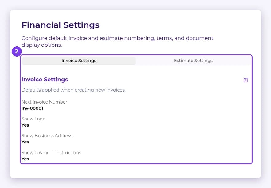 Financial Settings Invoice Settings tab showing Next Invoice Number, Show Logo, Show Business Address and Show Payment Instructions