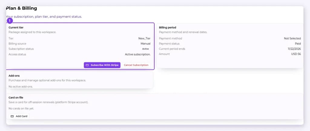 Plan & Billing page with the Current tier card and Subscribe With Stripe and Cancel Subscription buttons highlighted