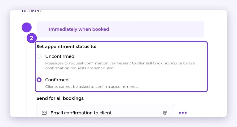 Appointment Booked setting with Unconfirmed and Confirmed status options highlighted