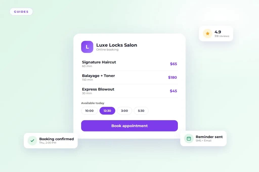 Salon booking software vs management software guide: online booking card with services and time slots