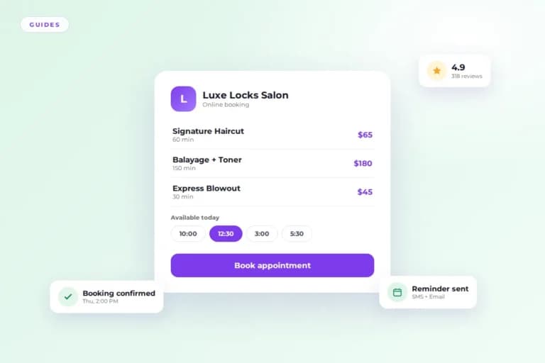 Salon booking software vs management software guide: online booking card with services and time slots