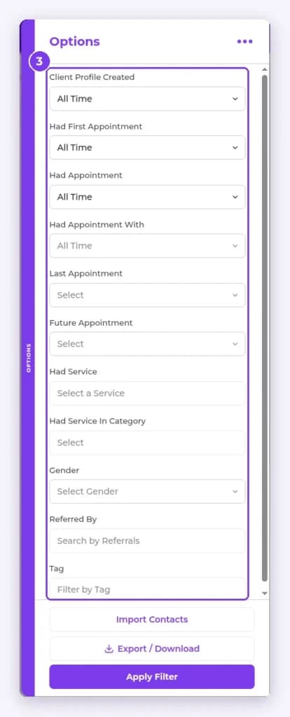 Contacts Options panel with filters such as Client Profile Created, Had Appointment and Tag highlighted