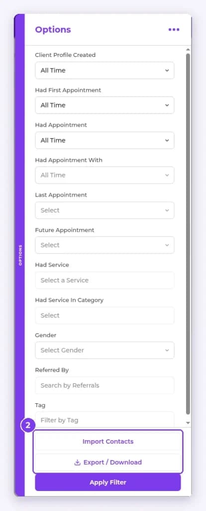 Contacts Options panel with the Import Contacts and Export / Download buttons highlighted