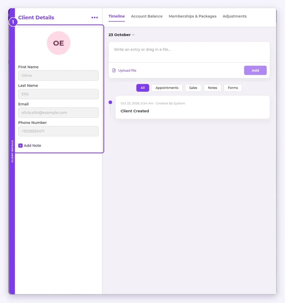 Client profile side panel with the Client Details section highlighted