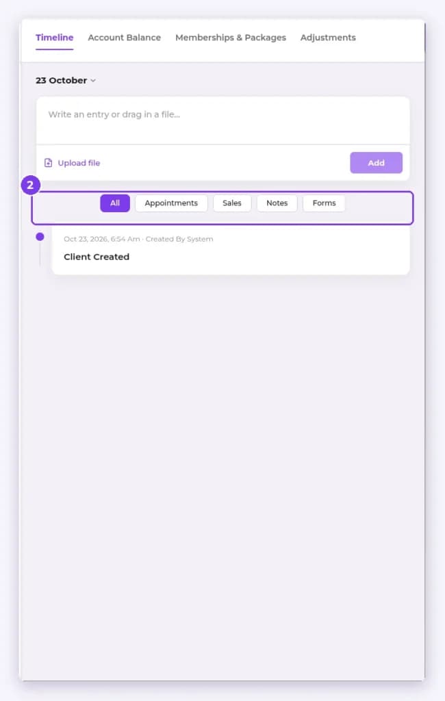 Client Timeline with the All, Appointments, Sales, Notes and Forms filters highlighted