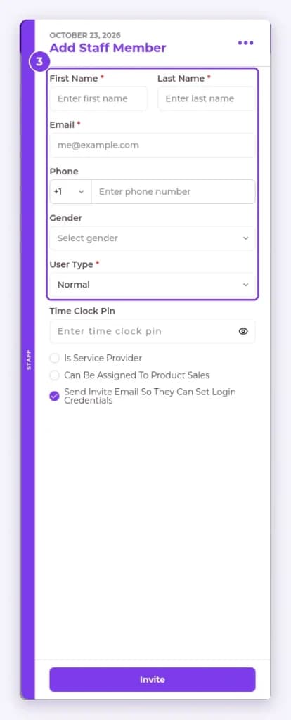 Add Staff Member panel with First Name, Last Name, Email and Phone fields highlighted