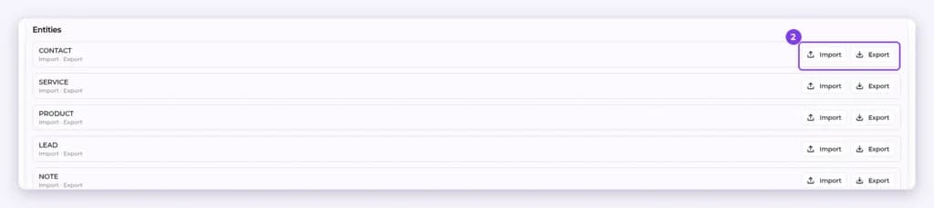 Data import & export entities list with the Import and Export buttons on the CONTACT row highlighted