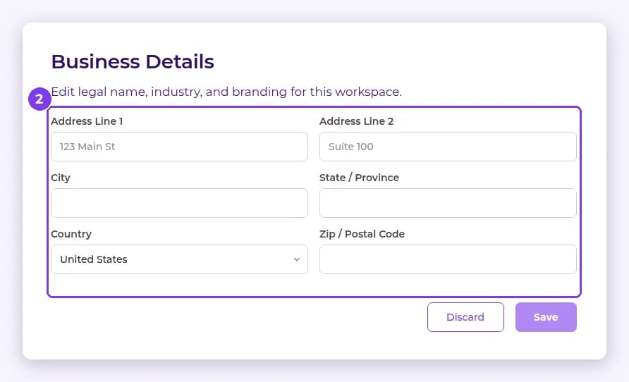 Locations address form in edit mode with address, city, state, country and postal code fields highlighted