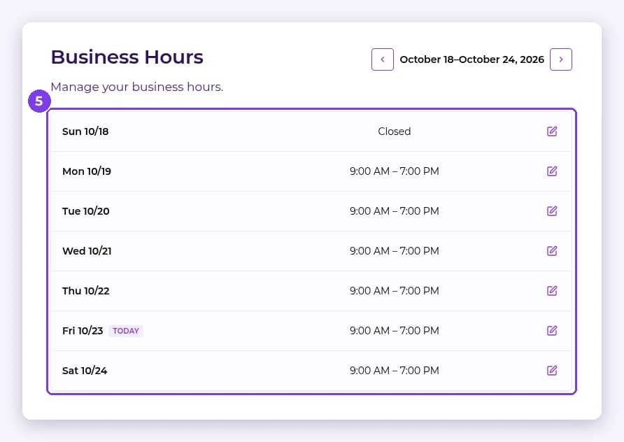 Business Hours weekly view showing each day's hours with an edit icon per day