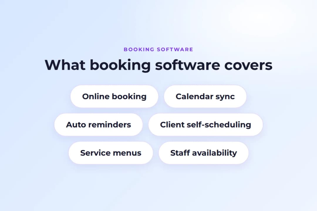 Salon booking software features: online booking, calendar sync, auto reminders, self-scheduling, service menus, staff availability