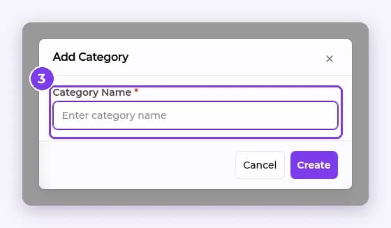 Add Category dialog with the Category Name field highlighted and Cancel and Create buttons