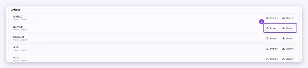 Data import & export entities list with the Import and Export buttons on the SERVICE row highlighted