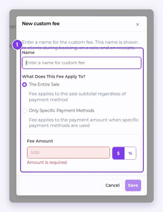 New custom fee dialog with Name, What Does This Fee Apply To and Fee Amount fields highlighted