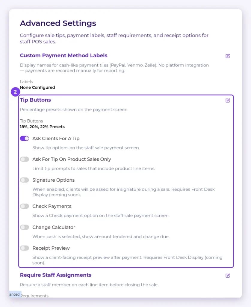Advanced Settings page with Tip Buttons and other checkout options highlighted