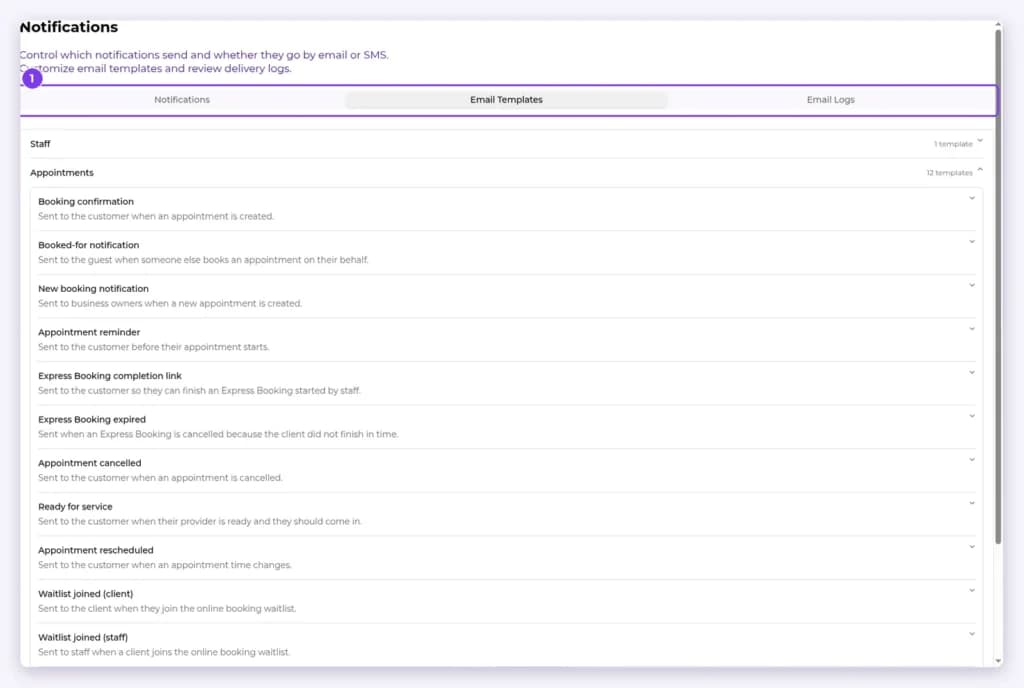 Notifications page tabs with Email Templates and Email Logs highlighted