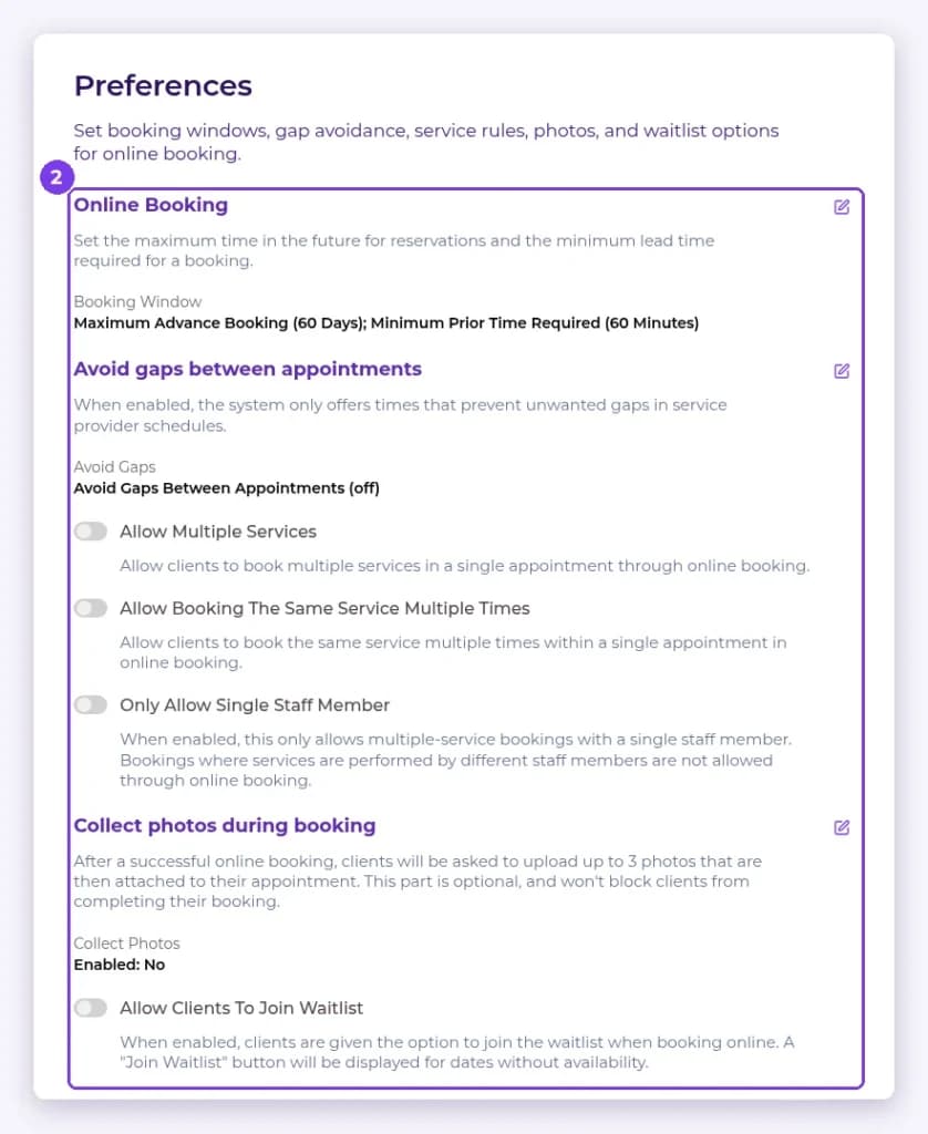 Online booking Preferences page with booking window and booking rule options highlighted