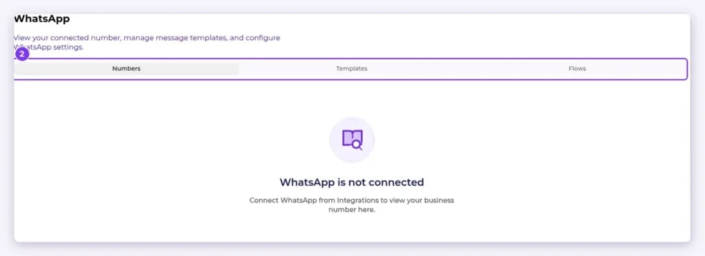 WhatsApp settings page with the Numbers, Templates and Flows tabs highlighted