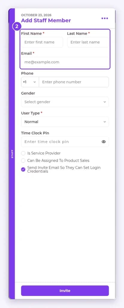 Add Staff Member panel with the First Name, Last Name and Email fields highlighted