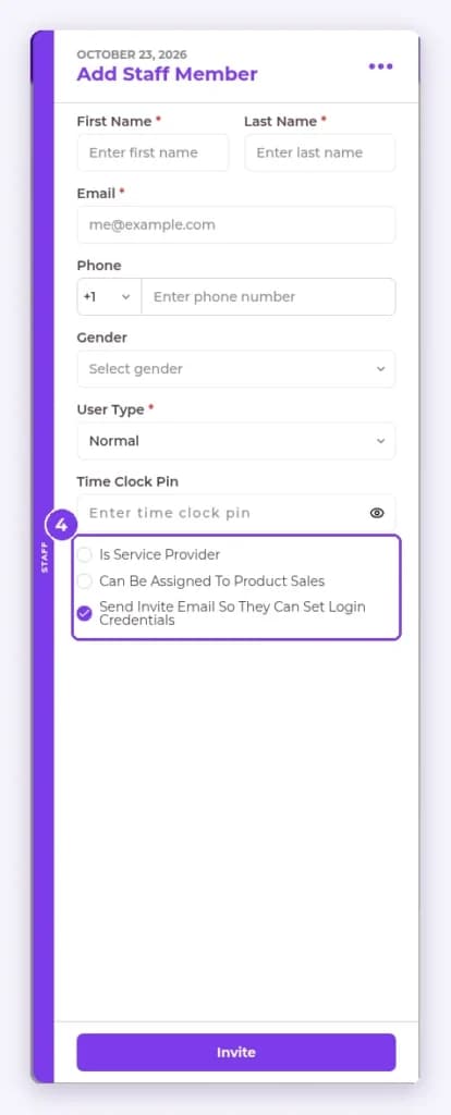 Add Staff Member panel with Send Invite Email So They Can Set Login Credentials ticked and the Invite button below