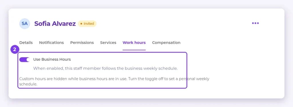 Staff profile Work hours tab with the Use Business Hours toggle highlighted