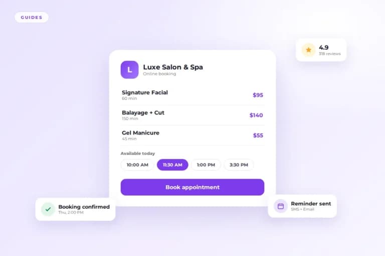What is salon management software guide: online booking card with services, time slots, client reviews and appointment reminders